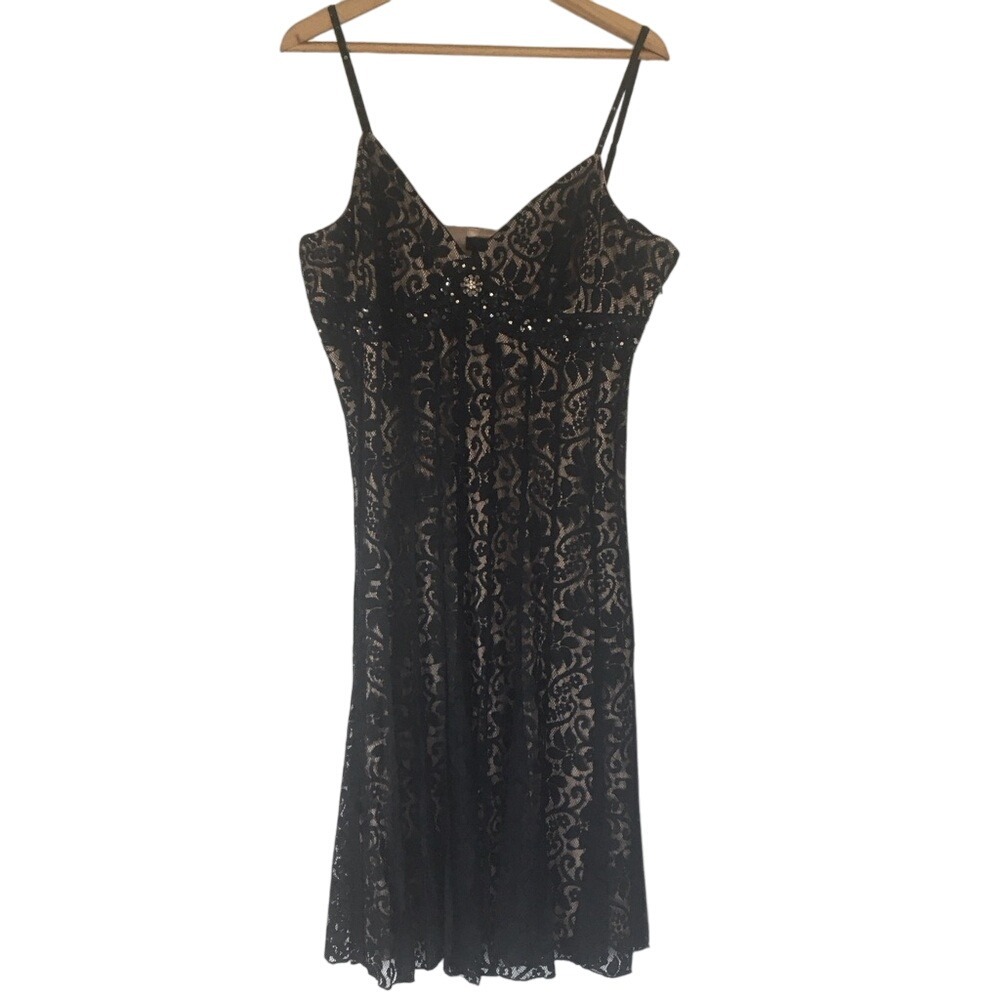 Y2K Vintage Beaded Black Lace Overlay Babydoll‎ Evening Dress Plus Size 16